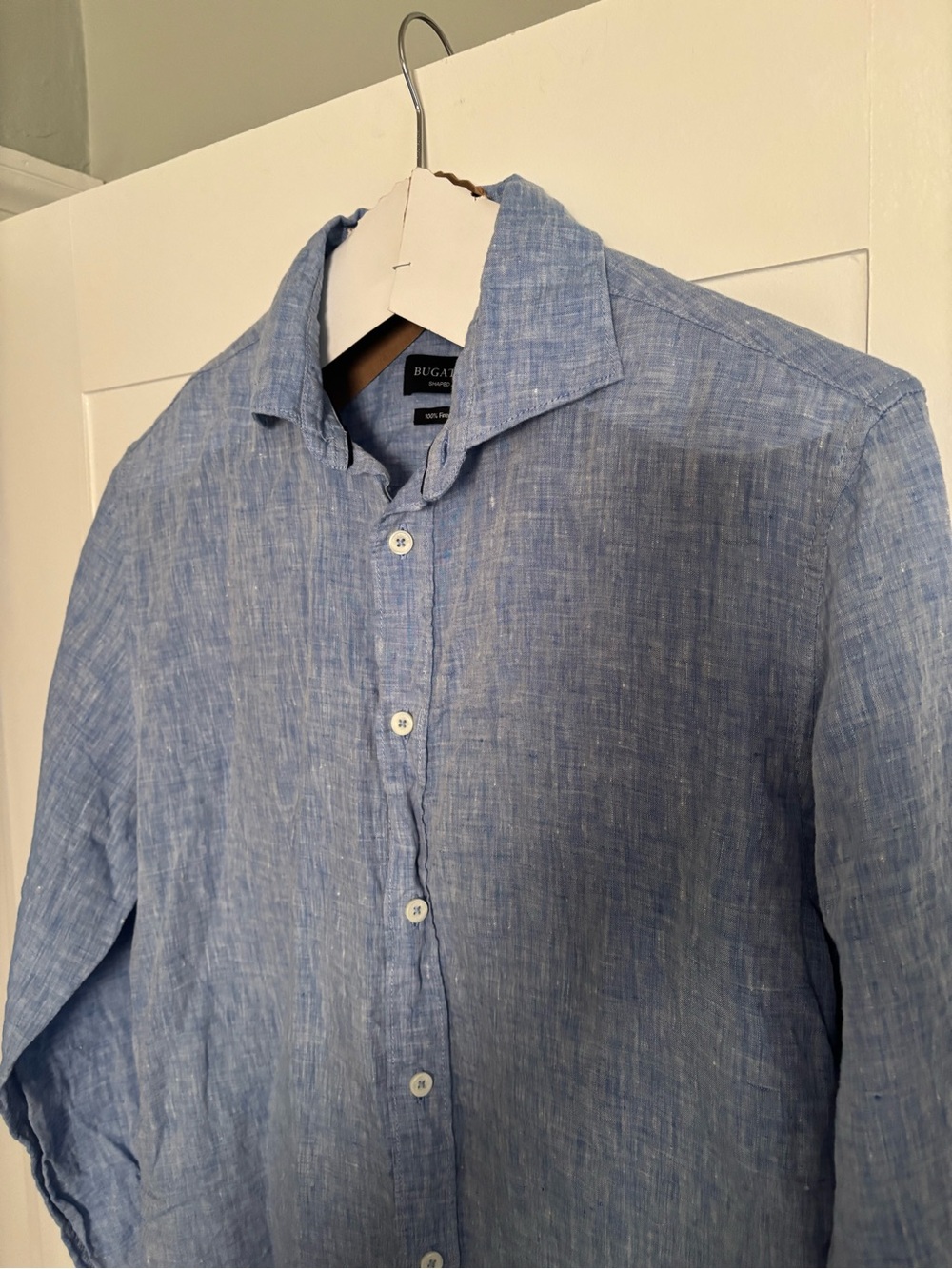 Men’s Bugatchi shaped fit 100% linen Heather blue button down shirt medium